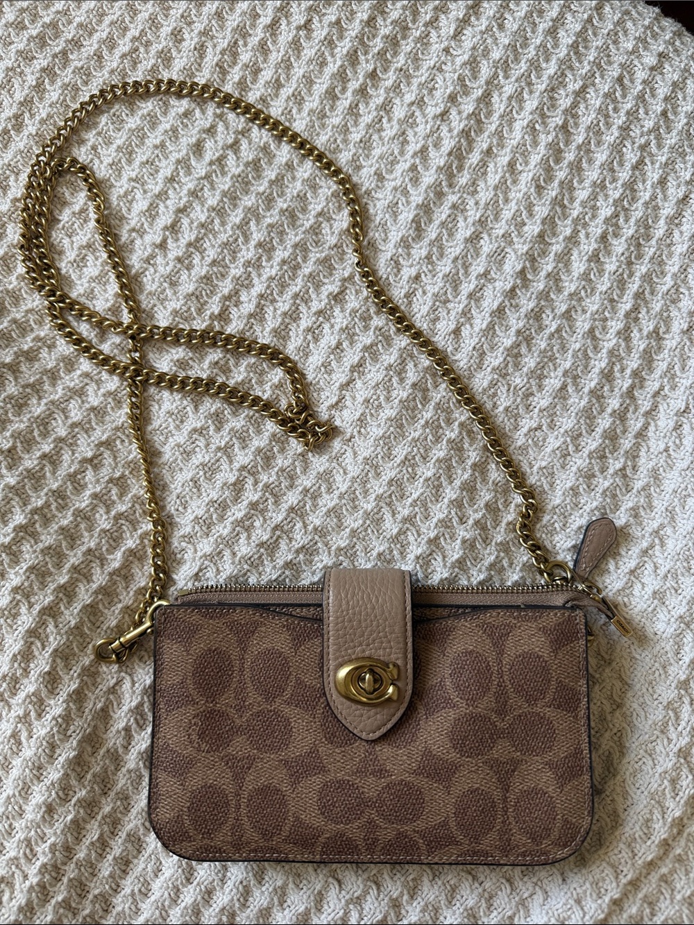 Coach Small Signature Crossbody Bag in Brown and Tan with Gold Chain